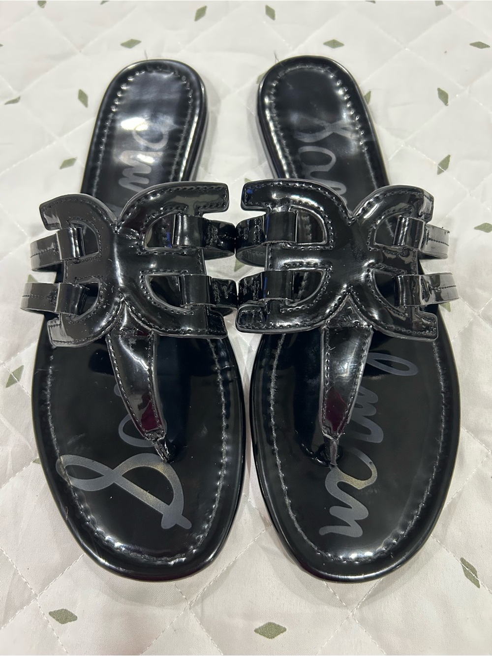 Sam Edelman Patent Black Women's Slide Sandals with Decorative Cutout Strap